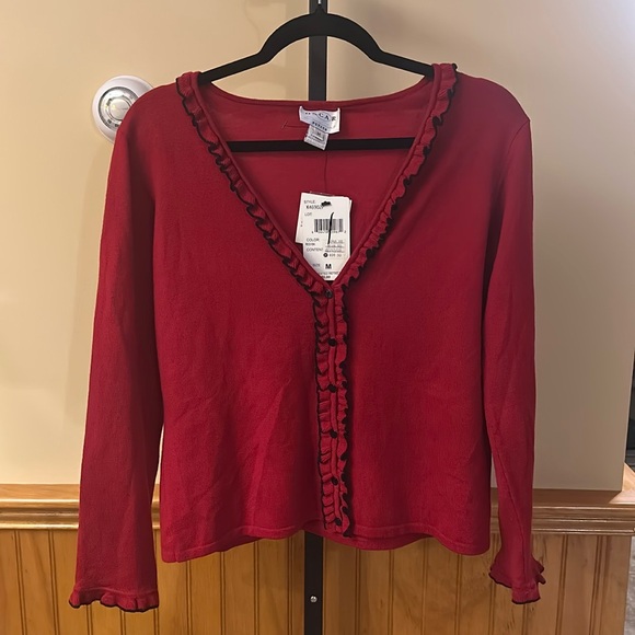 Vintage Oscar De La Renta Red Cardigan Sweater with Black Ruffles NEW - Picture 2 of 8